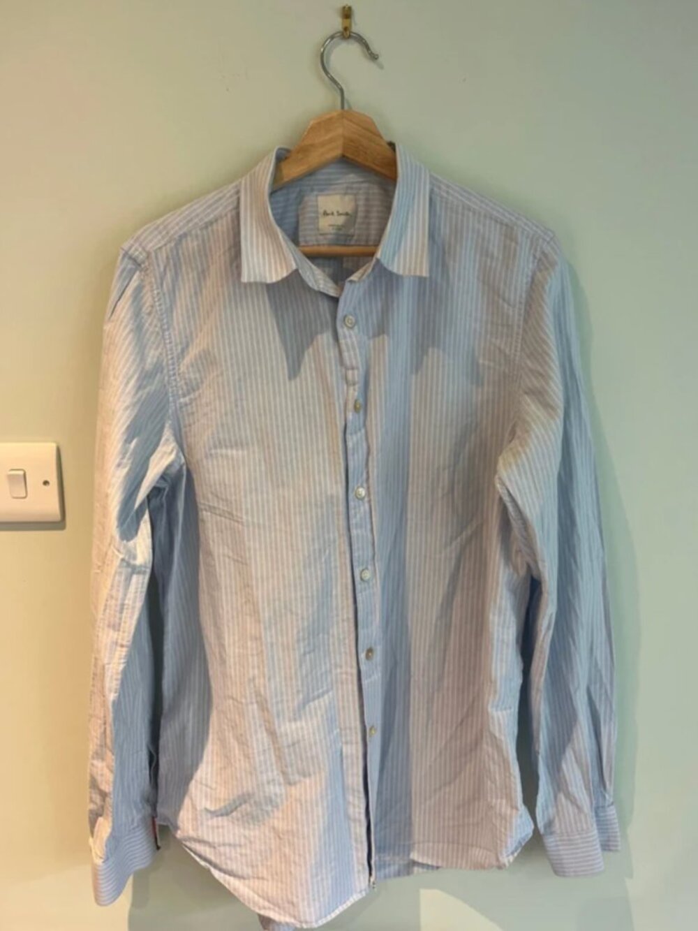 Paul Smith striped button-up shirt in light blue and white.